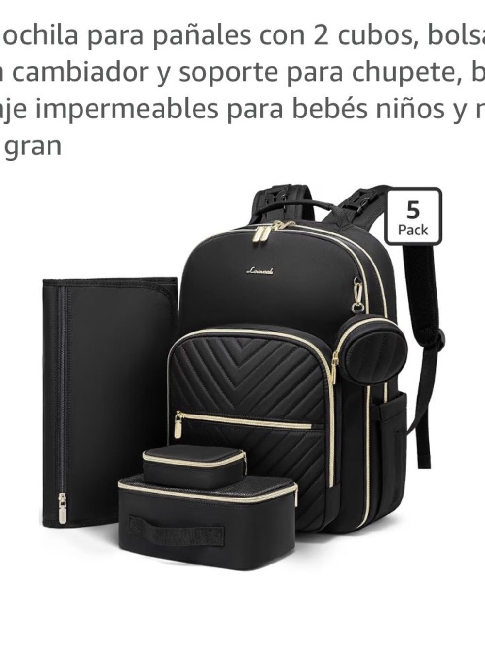 Lovevook Black Quilted Backpack Diaper Bag - 5-Piece Set